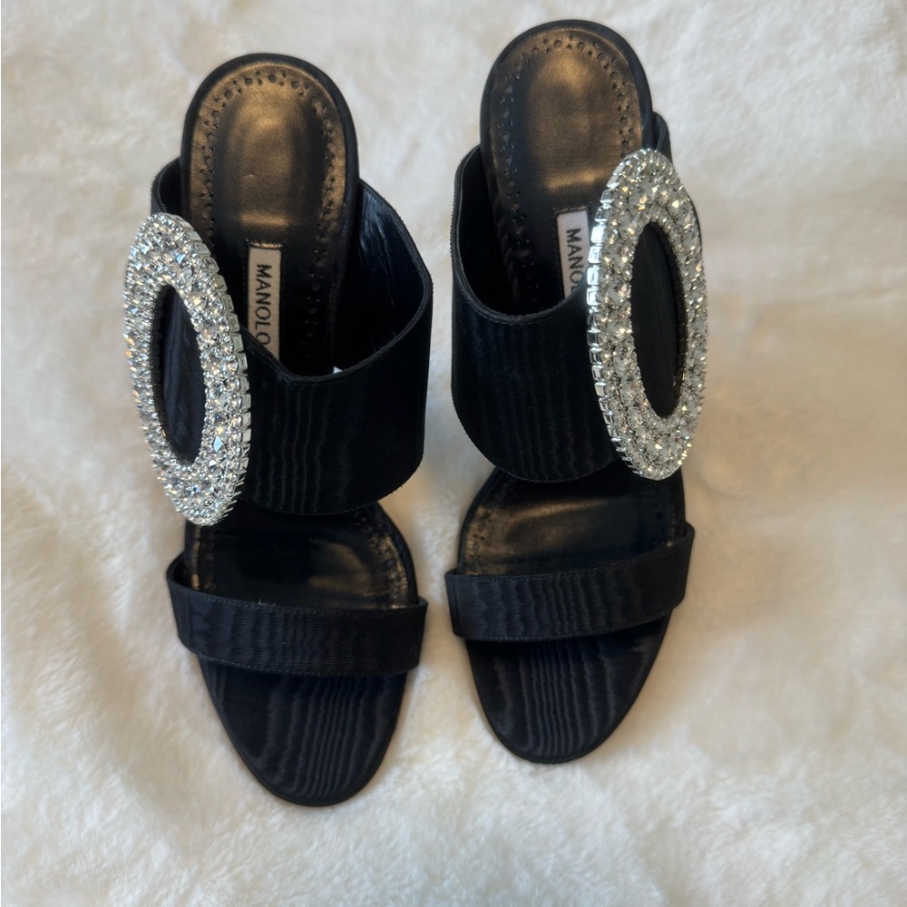 Manolo Blahnik Black Heels with Silver Crystal Accents